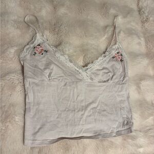 Frankie’s Bikinis White Lace Trim Cami with Floral Embroidery